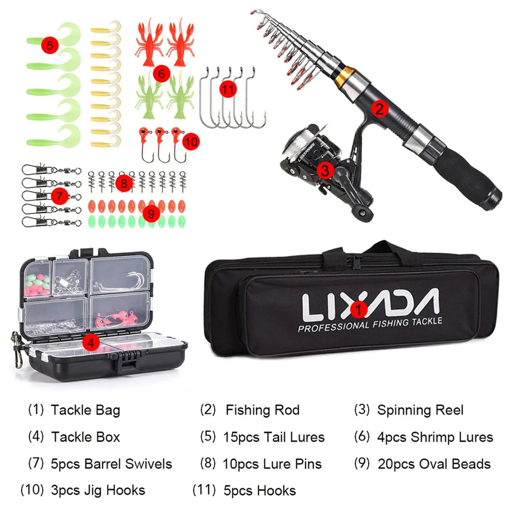 2.1m / 2.3m Telescopic Fishing Rod & Reel Combo Full Kit Black - Nested Peak LLC