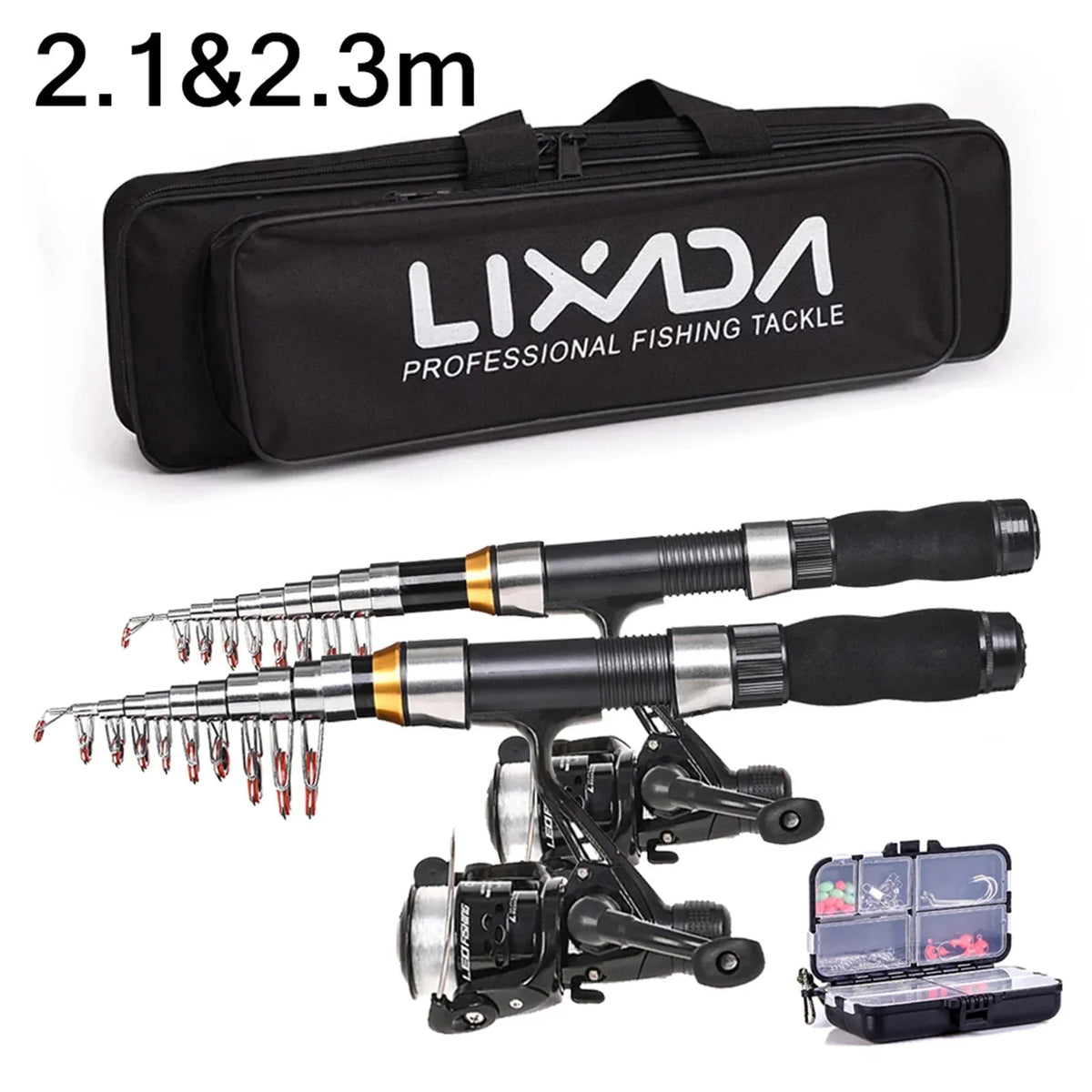 2.1m / 2.3m Telescopic Fishing Rod & Reel Combo Full Kit Black - Nested Peak LLC