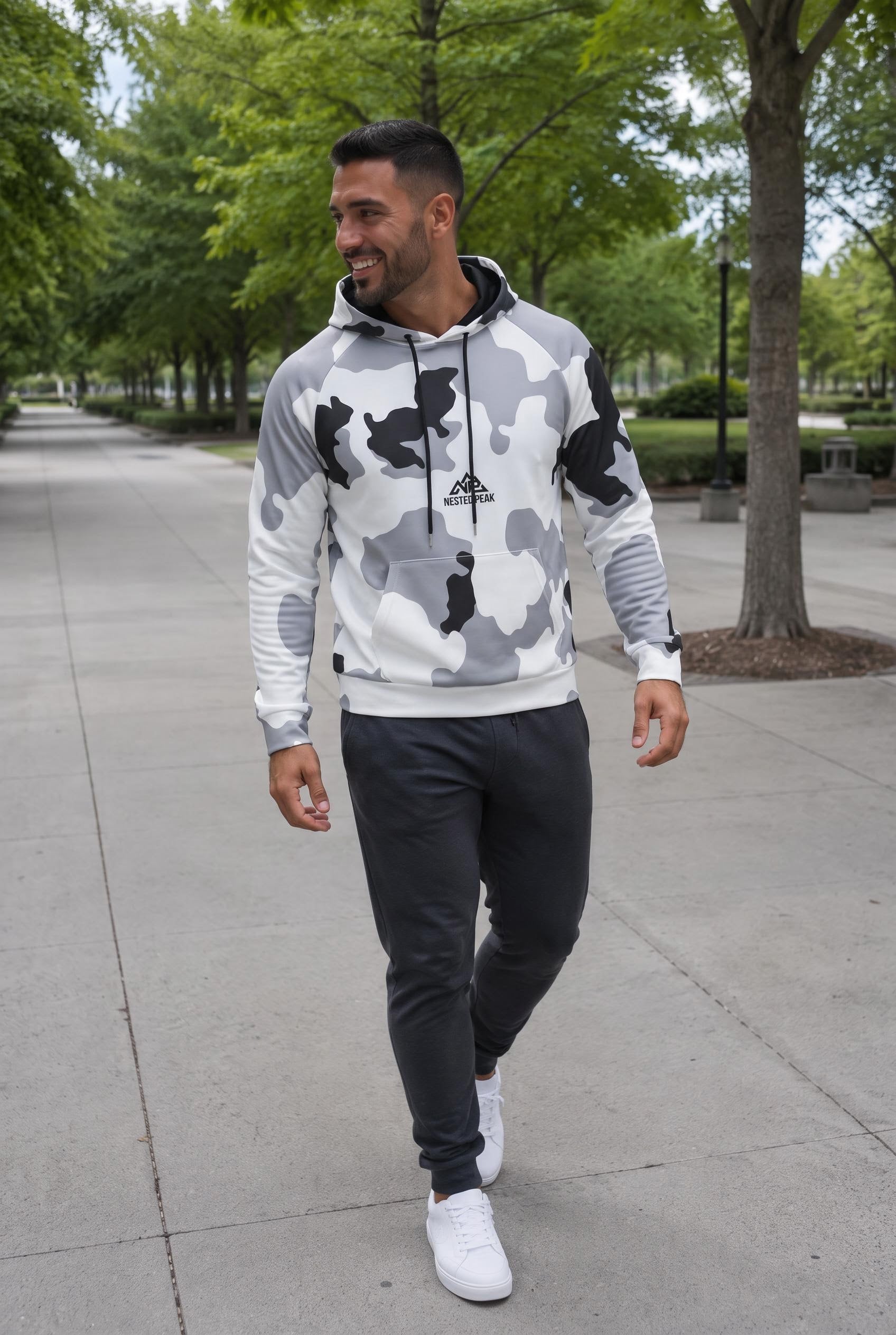 NP 26 Black Camo Men's Raglan Pullover Hoodie | Interlock | White