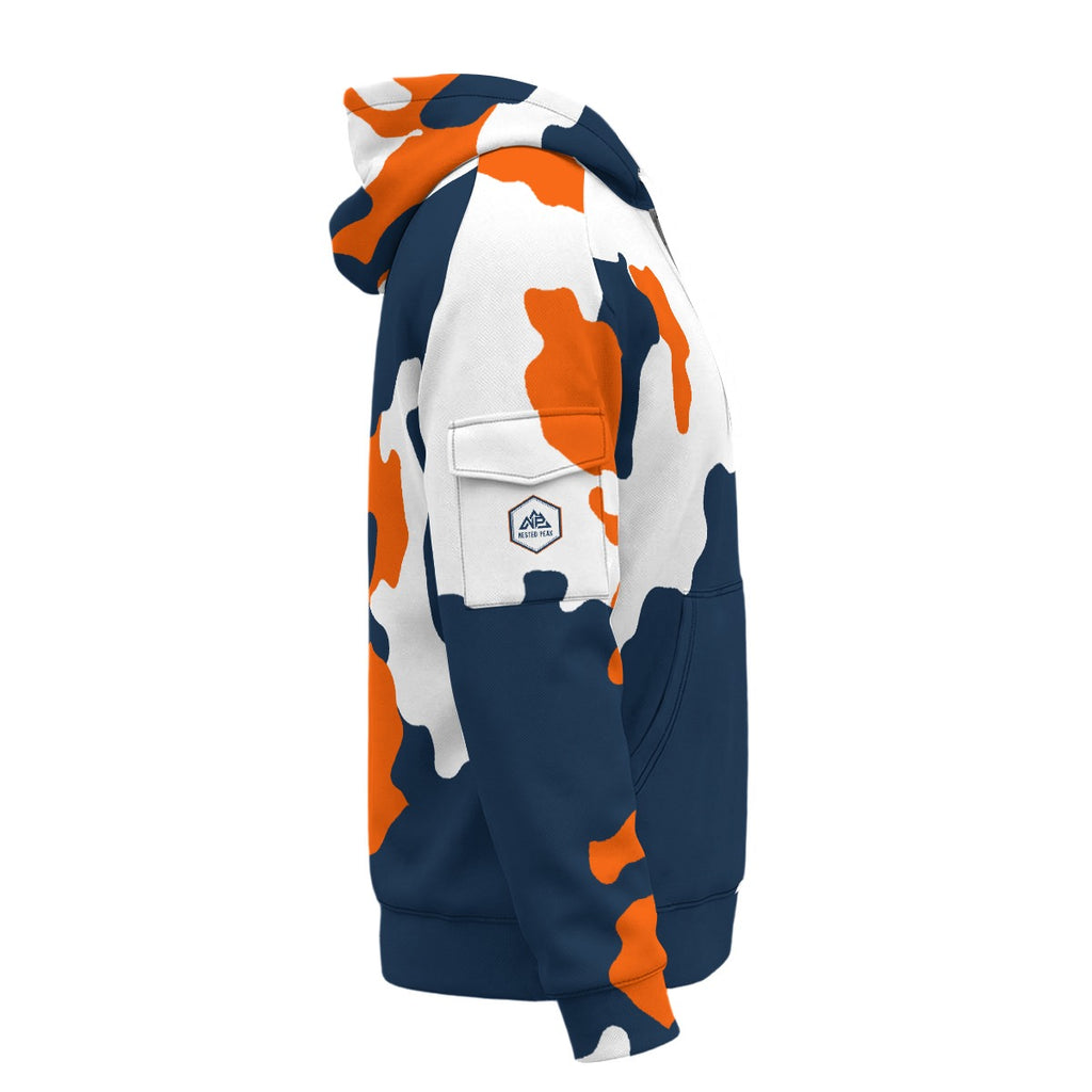 NP 26 Orange/Navy Camo Men's Fleece Half-Zip Hoodie With Arm Pockets | White