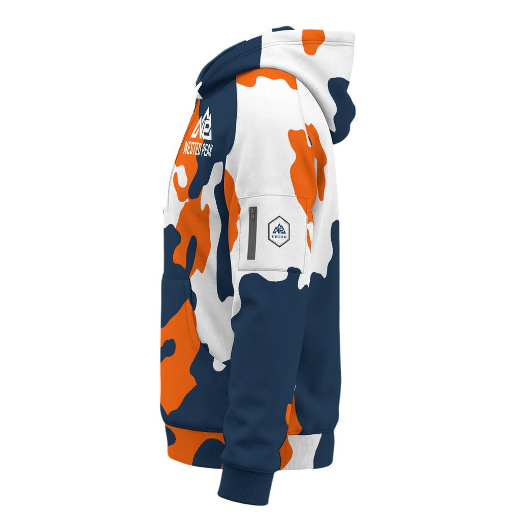 NP 26 Orange/Navy Camo Men's Fleece Half-Zip Hoodie With Arm Pockets | White