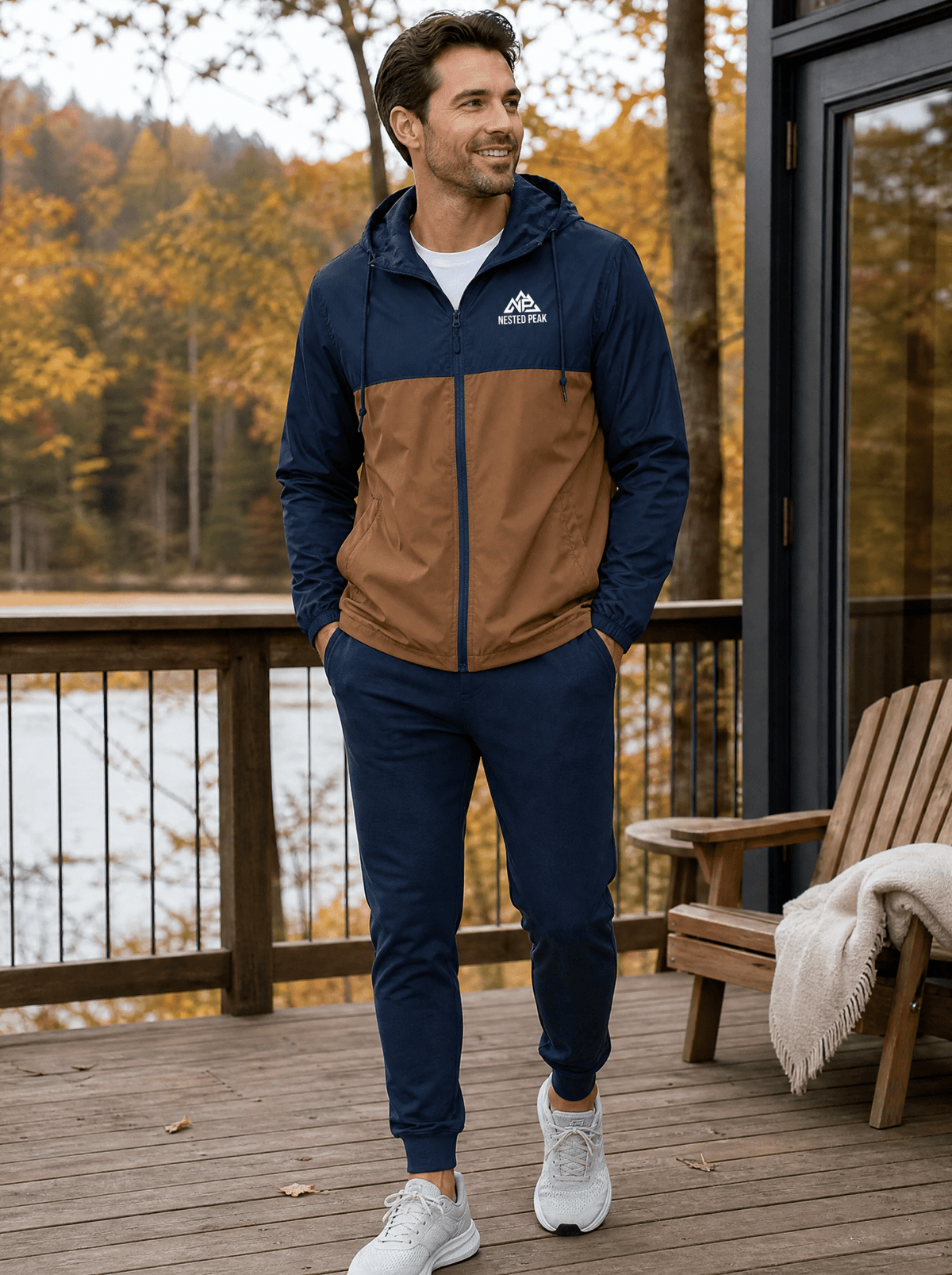 Men's NP Classic Navy Saddle Windbreaker | Classic Navy/ Saddle - Nested Peak LLC