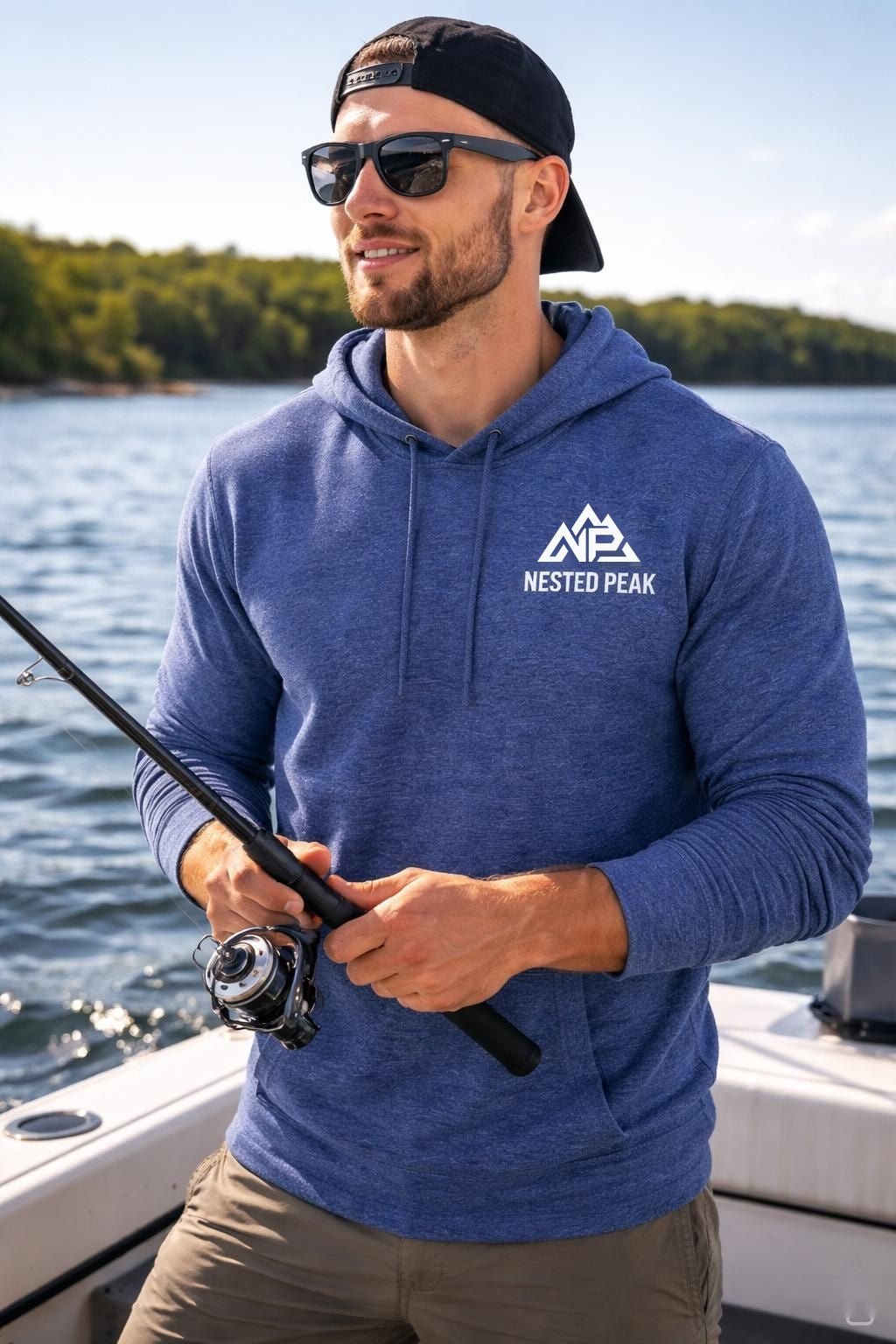 Men's NP Sport-Tek Long Sleeve Hoodie | Dark Grey Heather, Black Triad Solid, True Royal Heather - Nested Peak