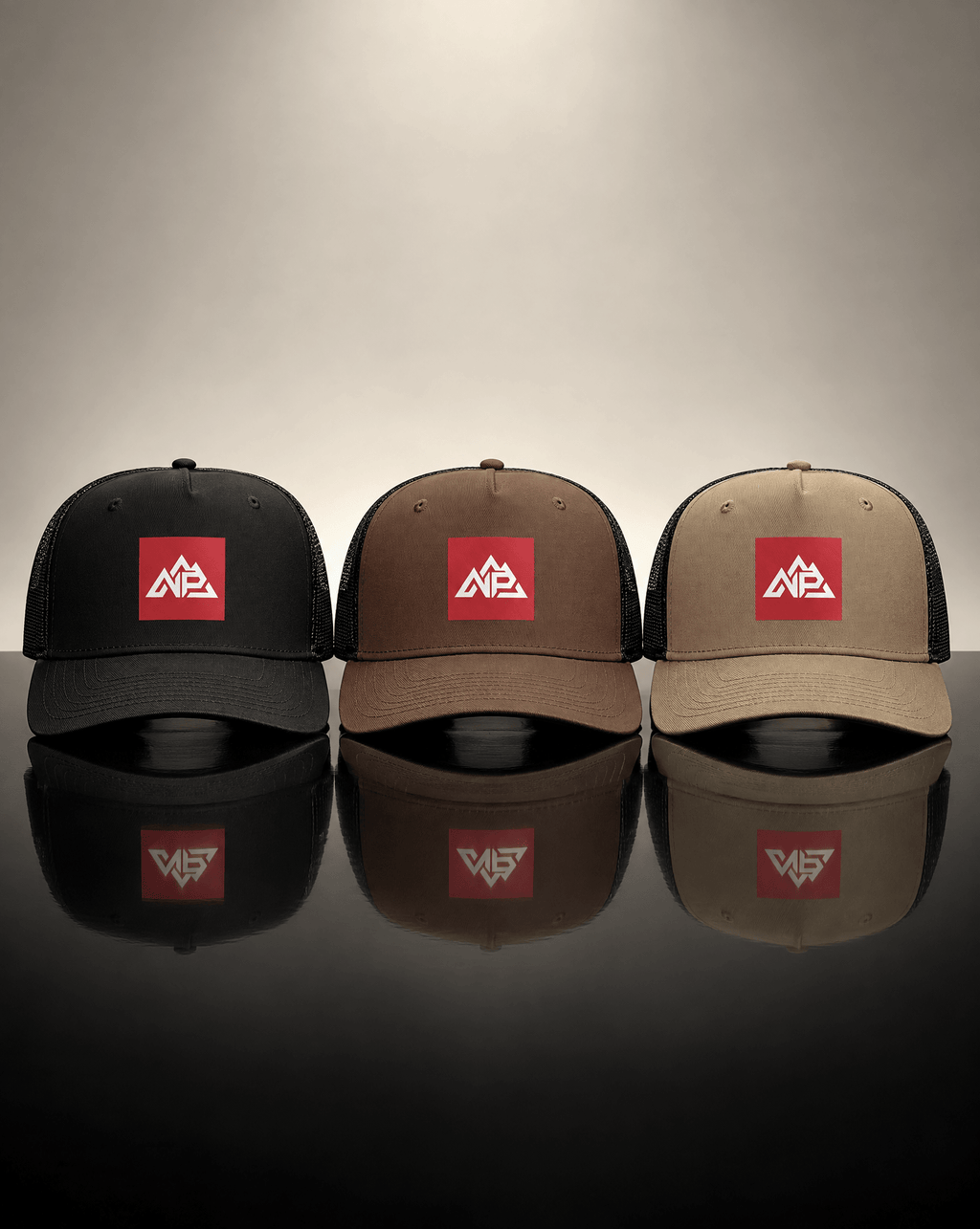 NP 26 Badge Black Mesh Stock Contrast Trucker | Coal / Black, Walnut / Black, Khaki / Black - Nested Peak LLC