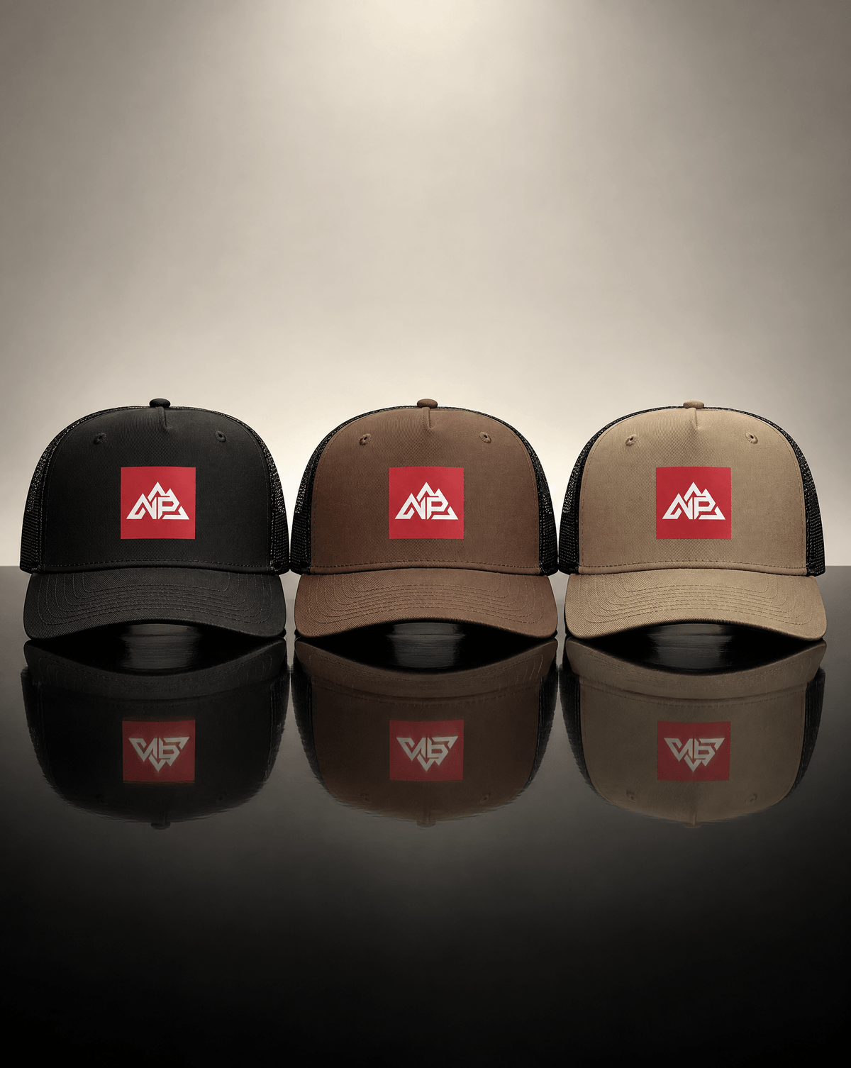 NP 26 Badge Black Mesh Stock Contrast Trucker | Coal / Black, Walnut / Black, Khaki / Black - Nested Peak LLC