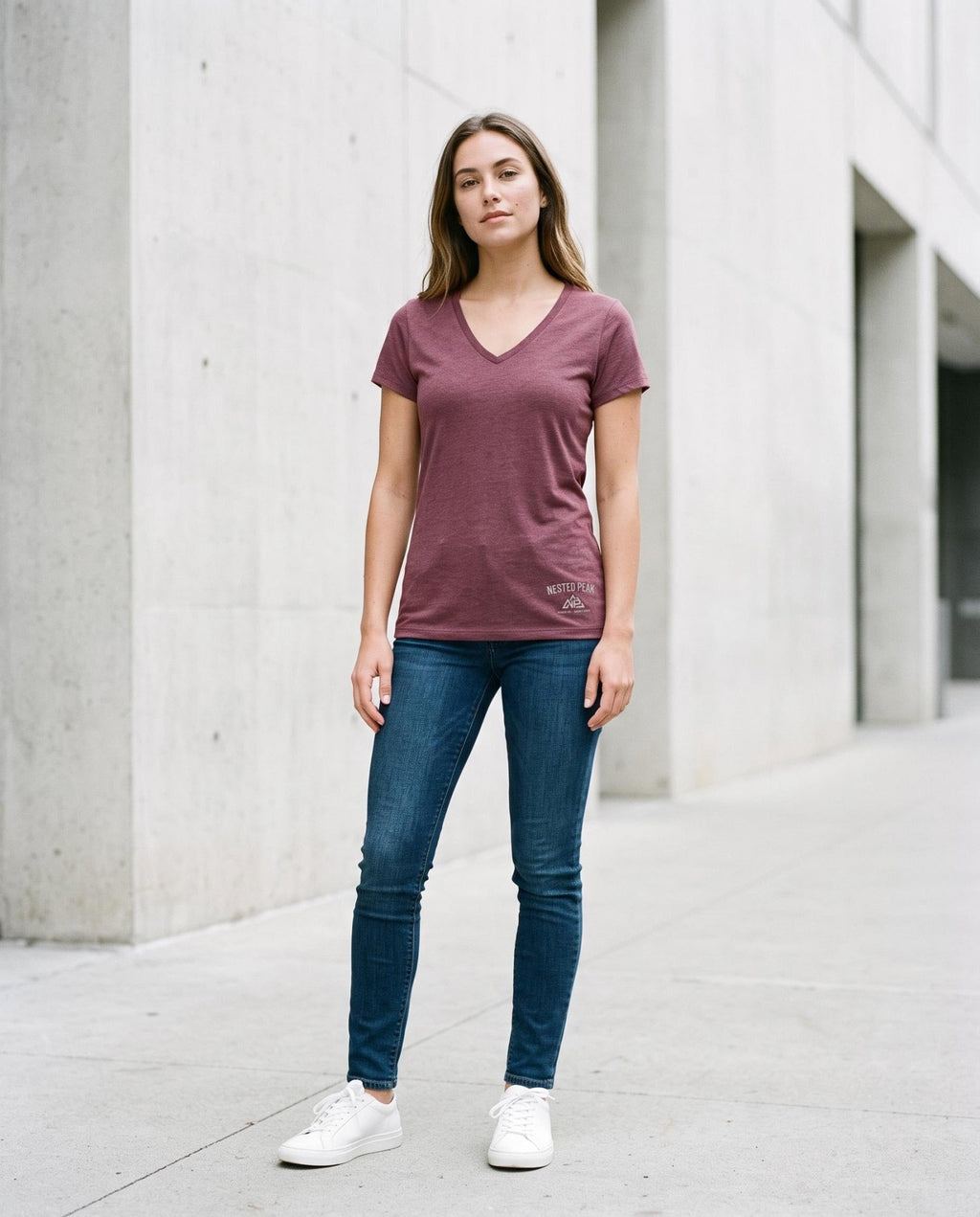 NP 26 Badge Women's Tri V Neck Tee | Heathered Dusty Sage, Heathered Dusty Peach, Maroon Frost - Nested Peak