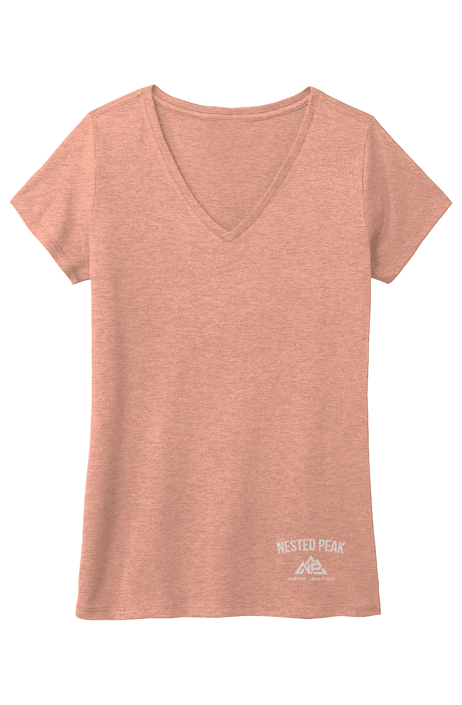 NP 26 Badge Women's Tri V Neck Tee | Heathered Dusty Sage, Heathered Dusty Peach, Maroon Frost - Nested Peak