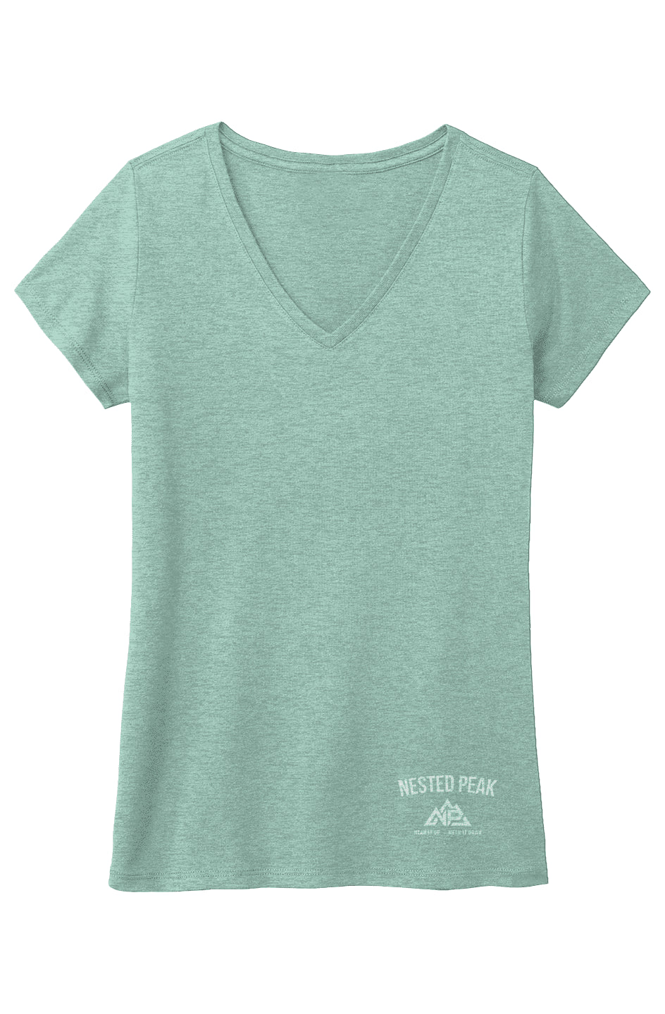NP 26 Badge Women's Tri V Neck Tee | Heathered Dusty Sage, Heathered Dusty Peach, Maroon Frost - Nested Peak