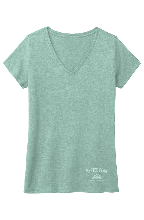 NP 26 Badge Women's Tri V Neck Tee | Heathered Dusty Sage, Heathered Dusty Peach, Maroon Frost - Nested Peak