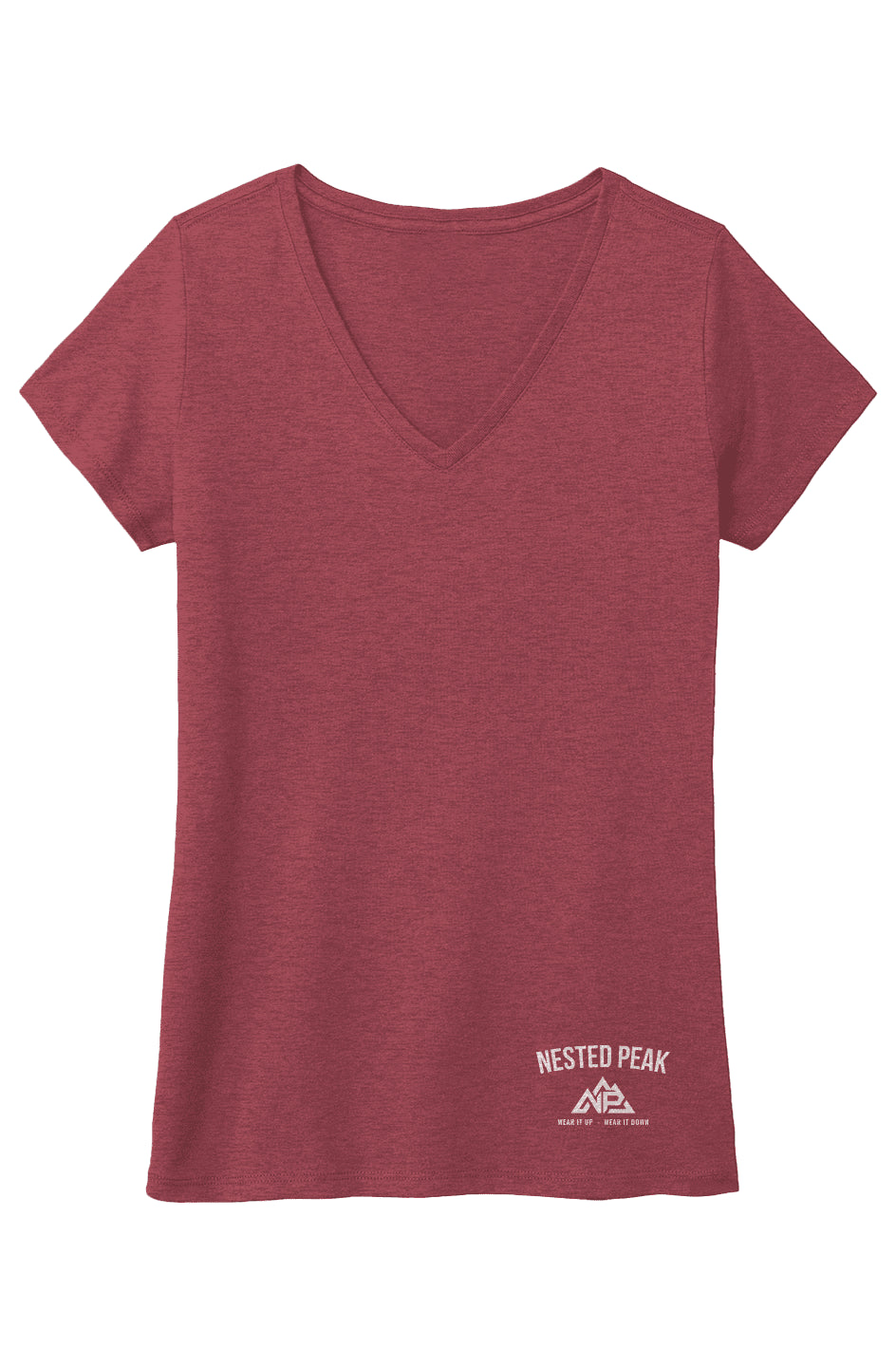 NP 26 Badge Women's Tri V Neck Tee | Heathered Dusty Sage, Heathered Dusty Peach, Maroon Frost - Nested Peak
