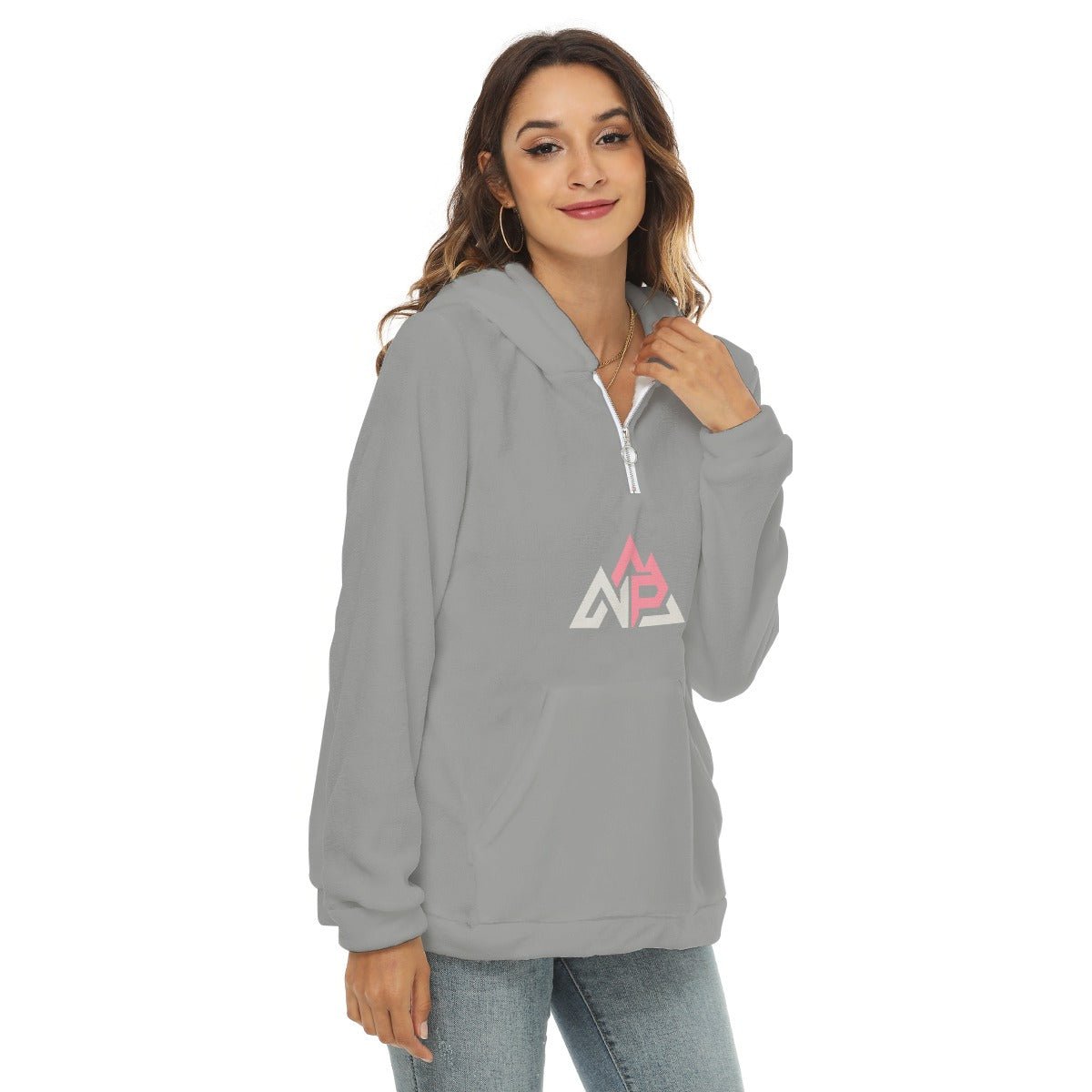 NP 26 GP Women's Borg Fleece Hoodie With Half Zip | Gray - Nested Peak