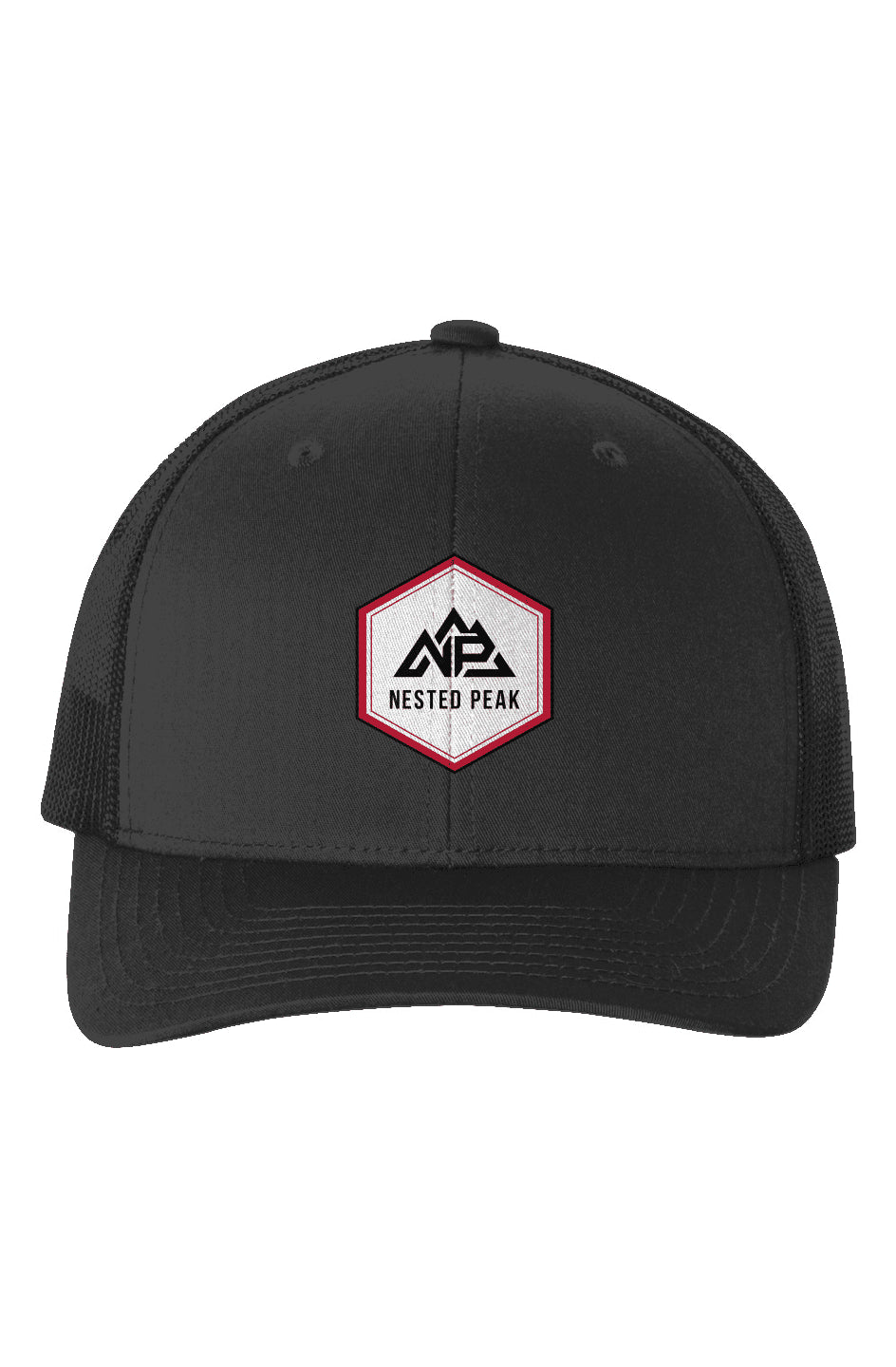 NP 26 Hex Six Panel Retro Trucker Cap | Red, Silver, Black - Nested Peak