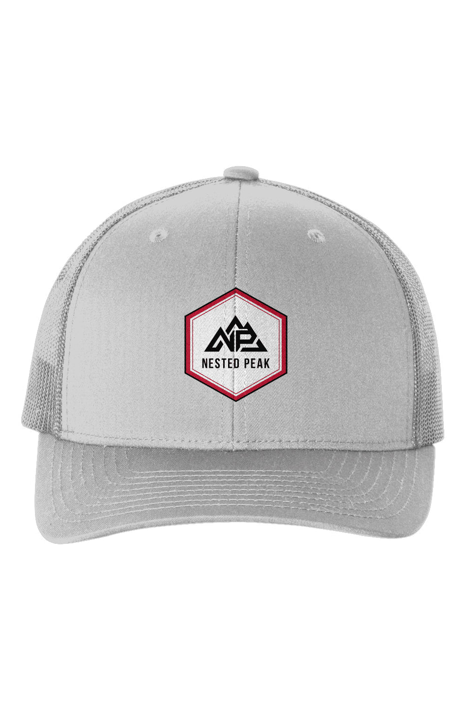 NP 26 Hex Six Panel Retro Trucker Cap | Red, Silver, Black - Nested Peak