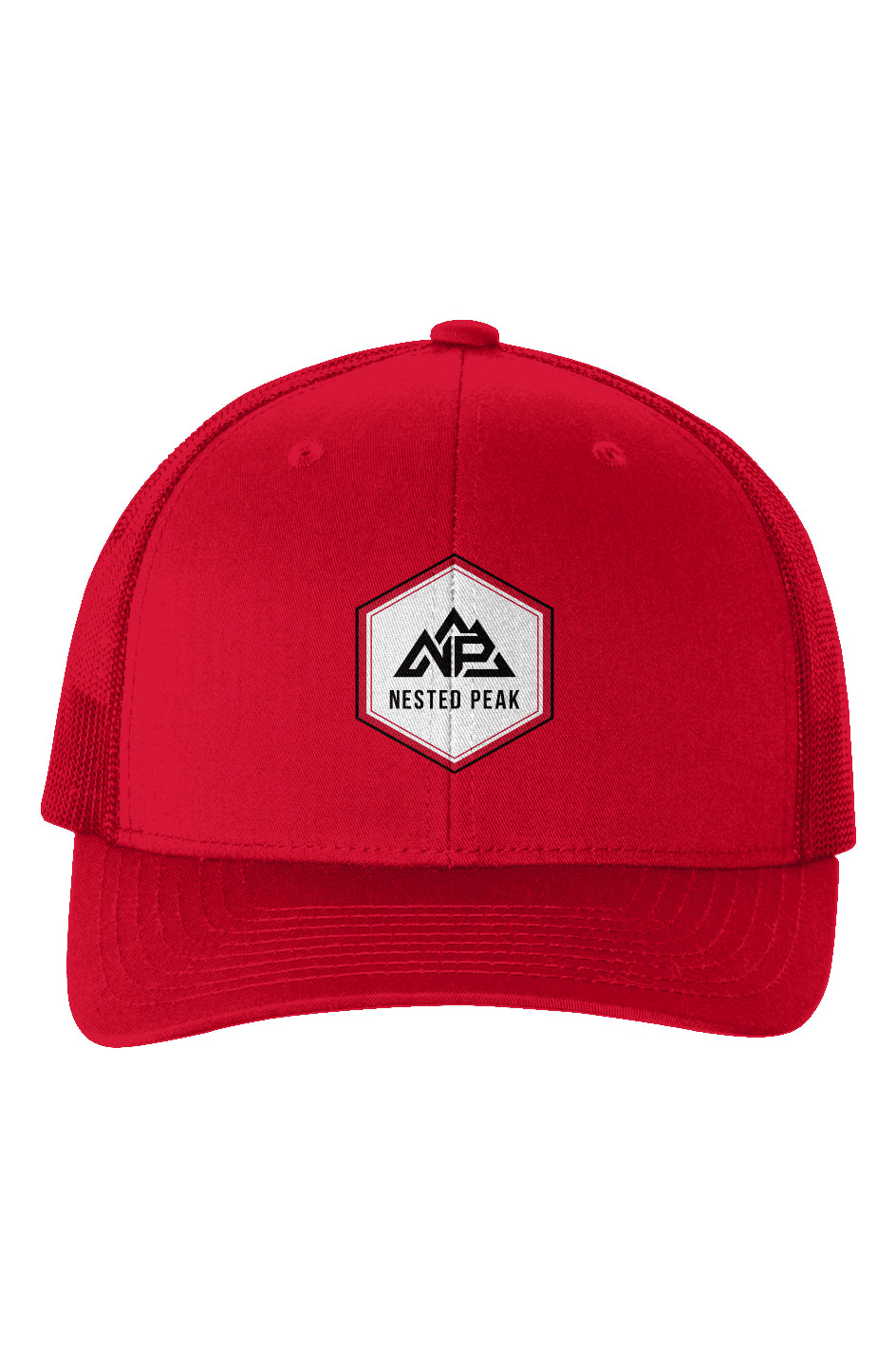 NP 26 Hex Six Panel Retro Trucker Cap | Red, Silver, Black - Nested Peak