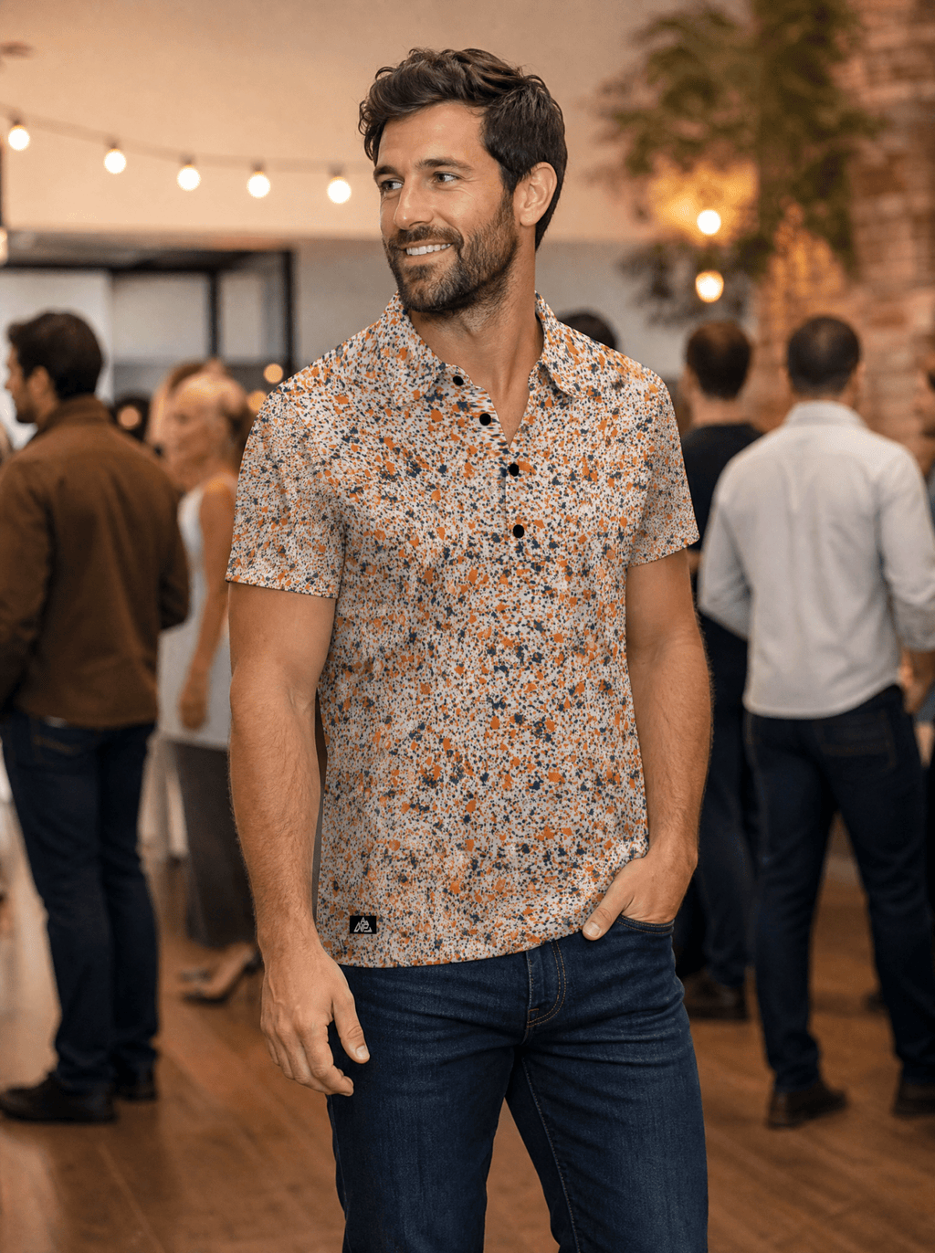NP 26 Men's Henley Shirt | Navy and Orange Pattern - Nested Peak LLC
