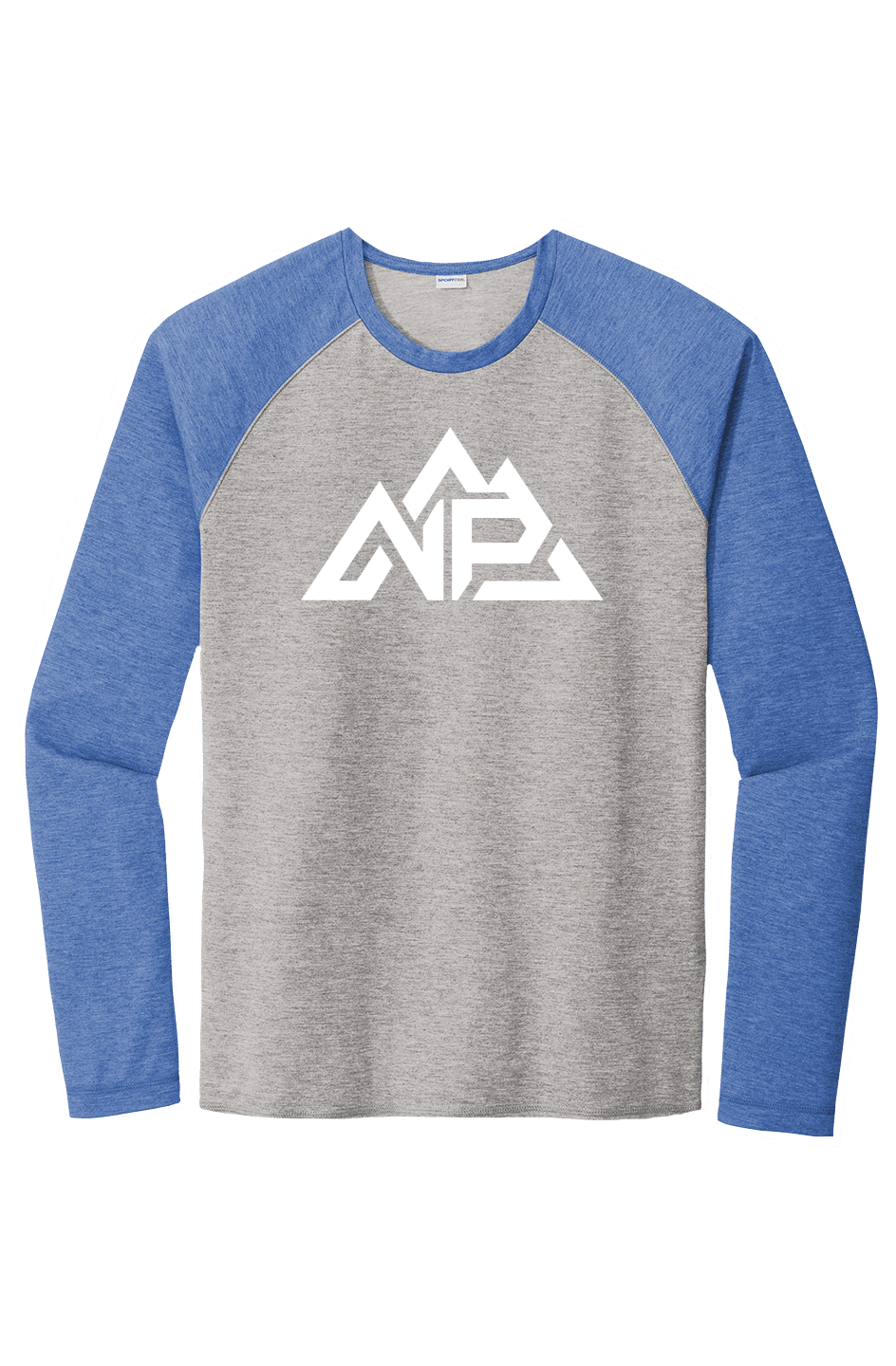 NP 26 Men's Tri Blend Two Tone Raglan LS Tee | Black Triad Solid/Dark Grey Heather, True Royal Heather/Light Grey Heather - Nested Peak