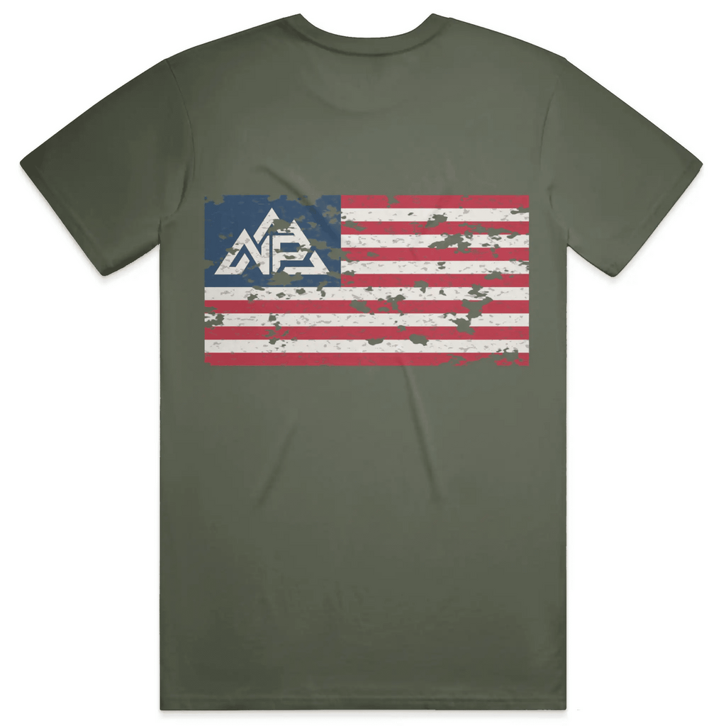 NP 26 Men's Vintage Flag Dri-Power T-Shirt | Navy, Sandstone, Military Green - Nested Peak
