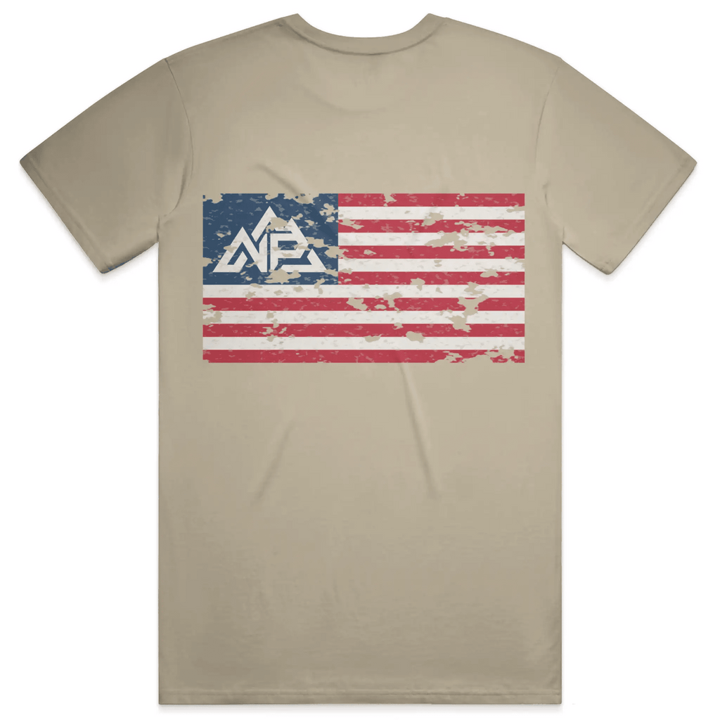 NP 26 Men's Vintage Flag Dri-Power T-Shirt | Navy, Sandstone, Military Green - Nested Peak