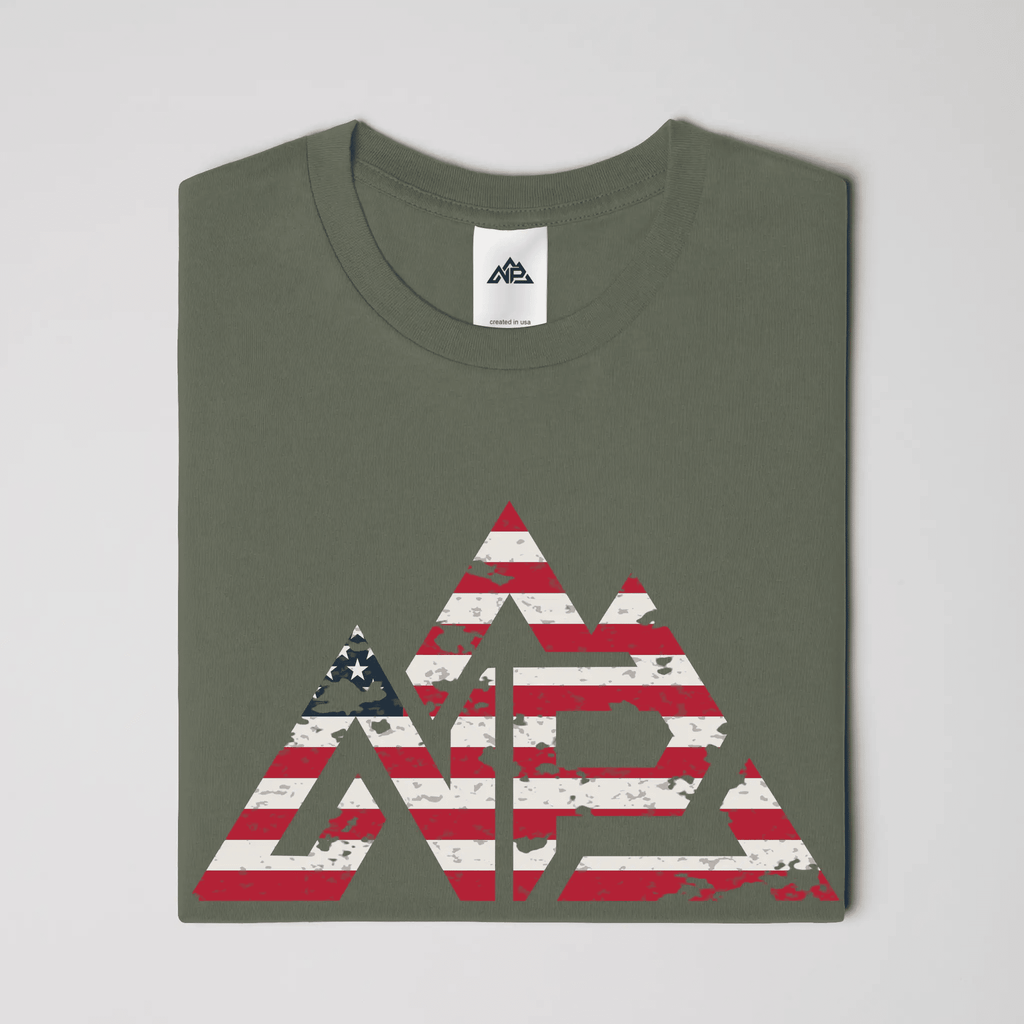 NP 26 Men's Vintage Flag Dri-Power T-Shirt | Navy, Sandstone, Military Green - Nested Peak