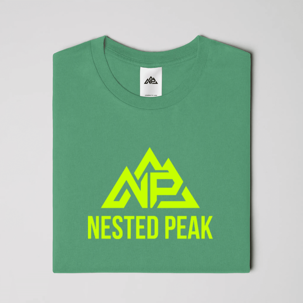 NP 26 Neon Green Logo Dri-Blend T-Shirt | Kelly Green, Black, Light Blue - Nested Peak