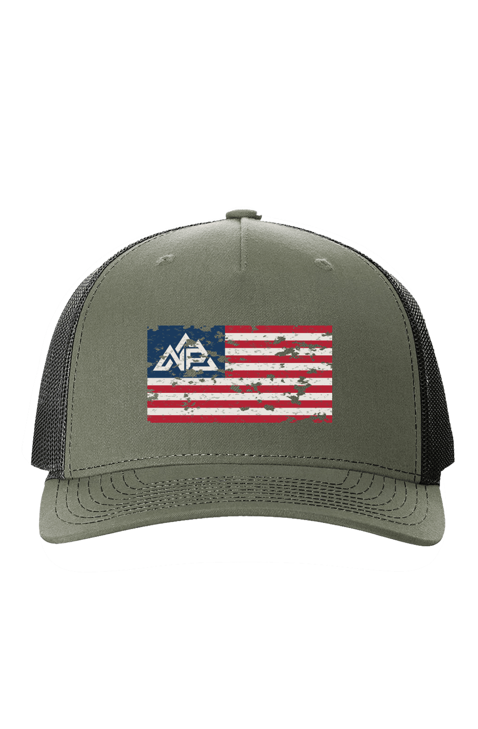 NP 26 Vintage Flag Richardson Five Panel Trucker Cap | Khaki/Coffee, Cobalt Blue/Grey, Loden Green/Black - Nested Peak