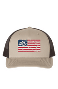 NP 26 Vintage Flag Richardson Five Panel Trucker Cap | Khaki/Coffee, Cobalt Blue/Grey, Loden Green/Black - Nested Peak
