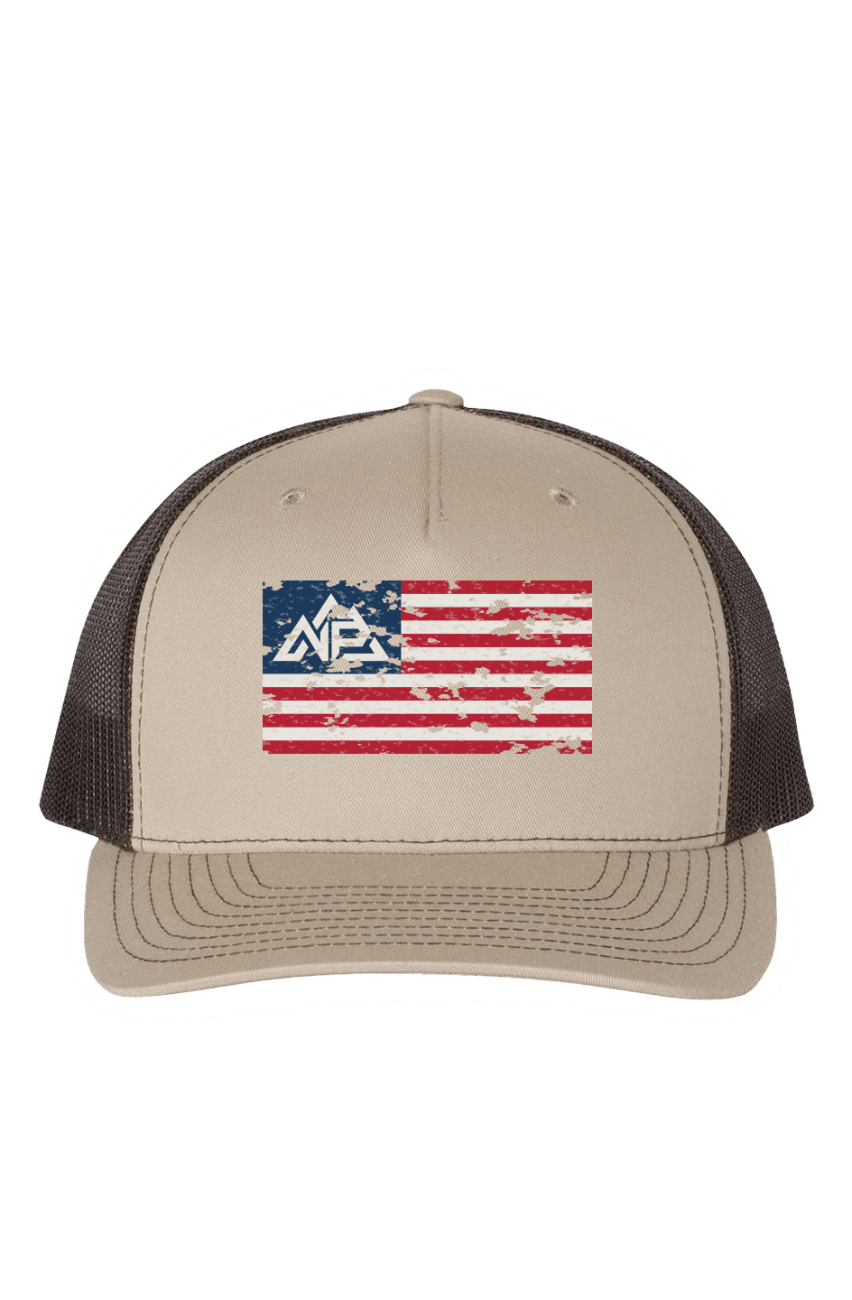 NP 26 Vintage Flag Richardson Five Panel Trucker Cap | Khaki/Coffee, Cobalt Blue/Grey, Loden Green/Black - Nested Peak