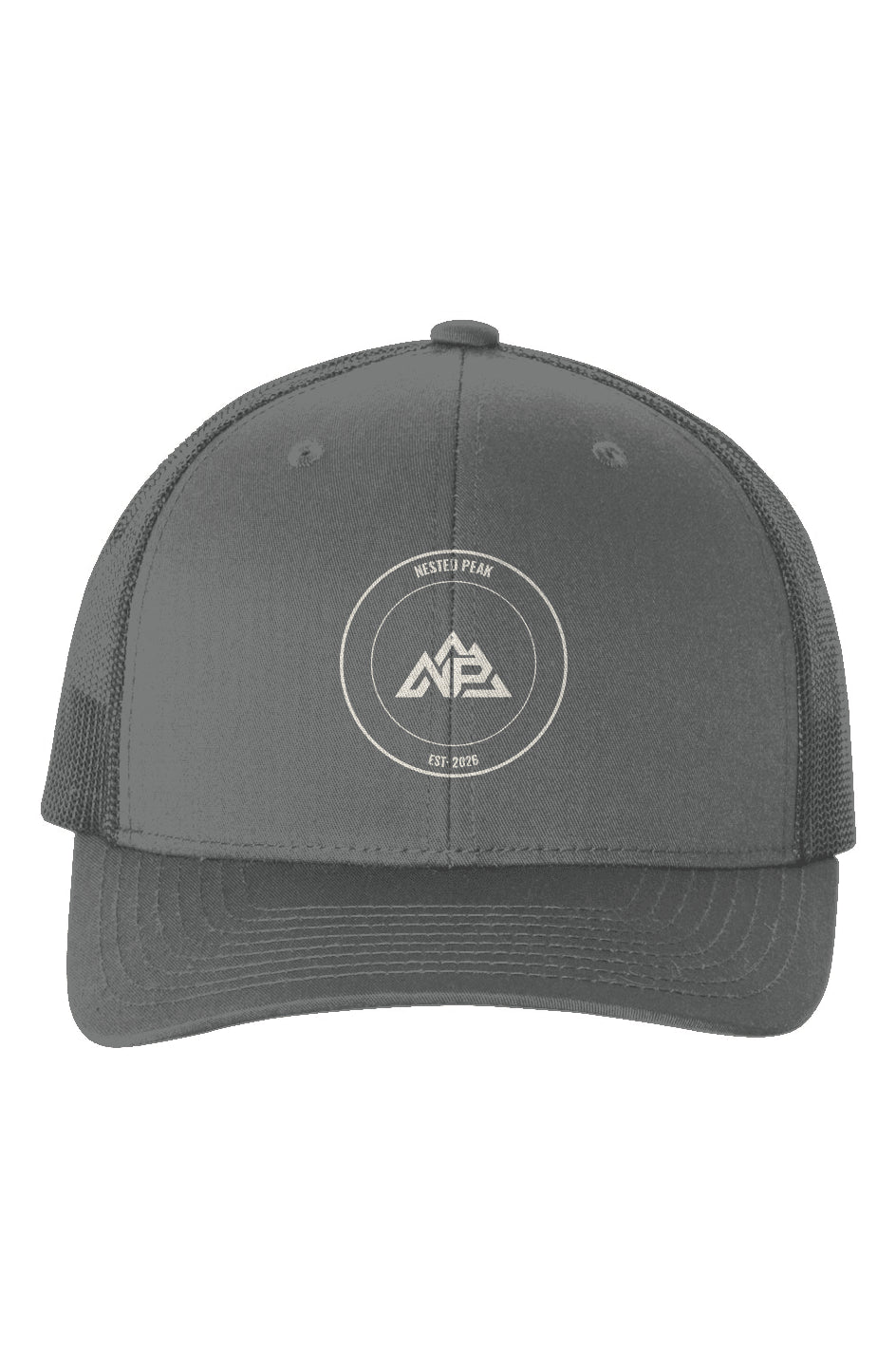 NP Badge Six-Panel Retro Trucker Cap | Navy, Charcoal, Black - Nested Peak