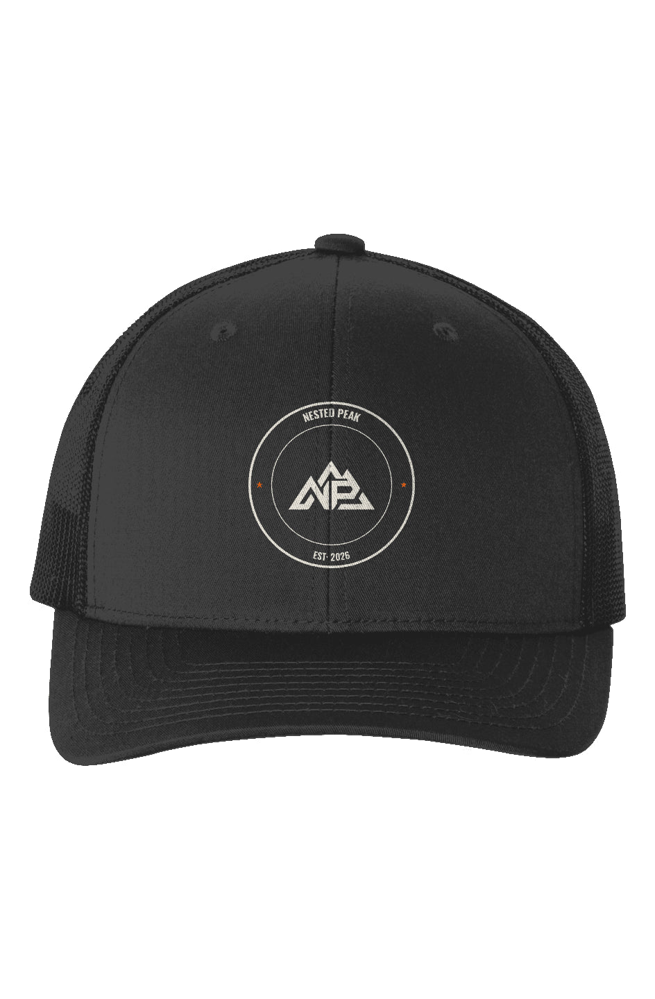 NP Badge Six-Panel Retro Trucker Cap | Navy, Charcoal, Black - Nested Peak