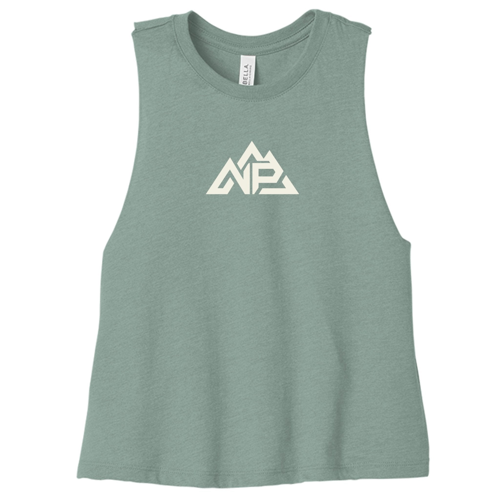 NP Ladies Racerback Cropped Tank | HTHR Deep Teal, Heather Dusty Blue, Athletic Heather - Nested Peak