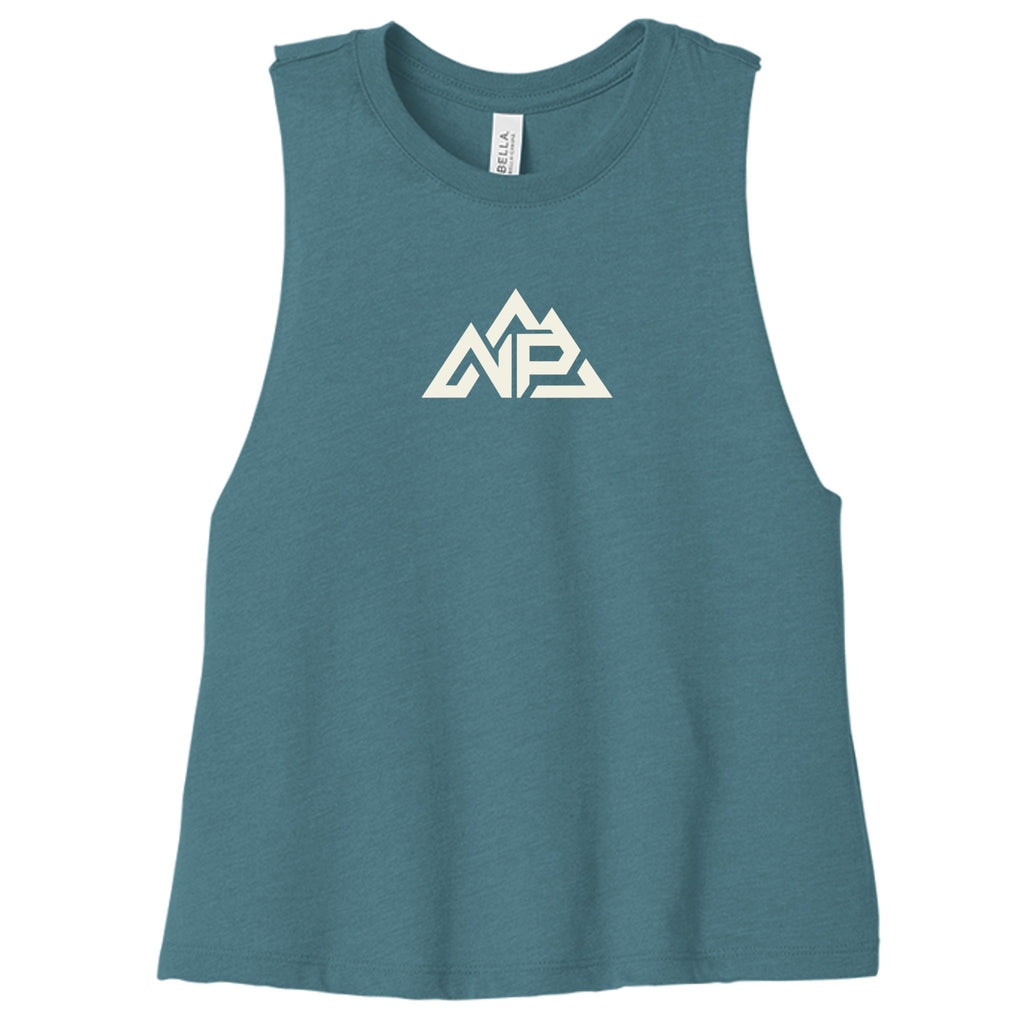 NP Ladies Racerback Cropped Tank | HTHR Deep Teal, Heather Dusty Blue, Athletic Heather - Nested Peak
