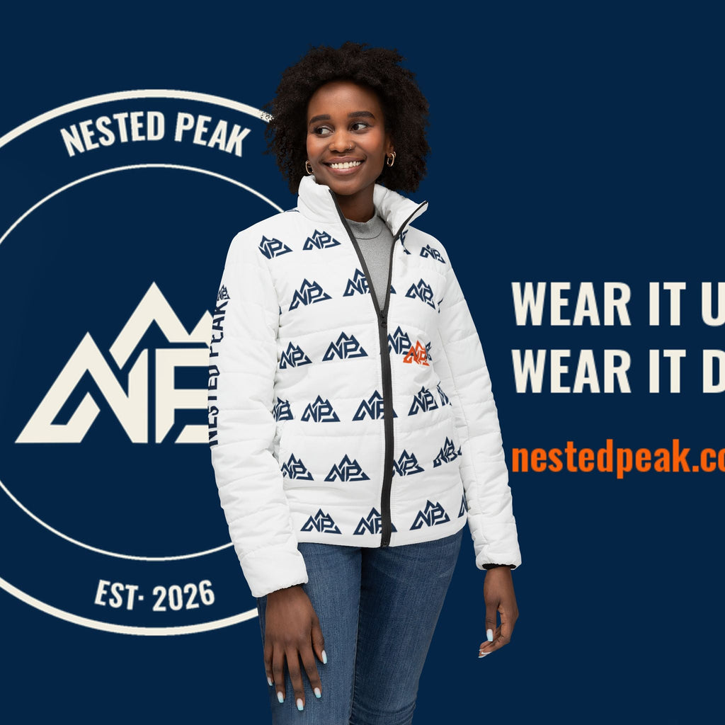 NP Women's Logo Puffer Jacket — All-Over-Print Lightweight Winter Coat - Nested Peak