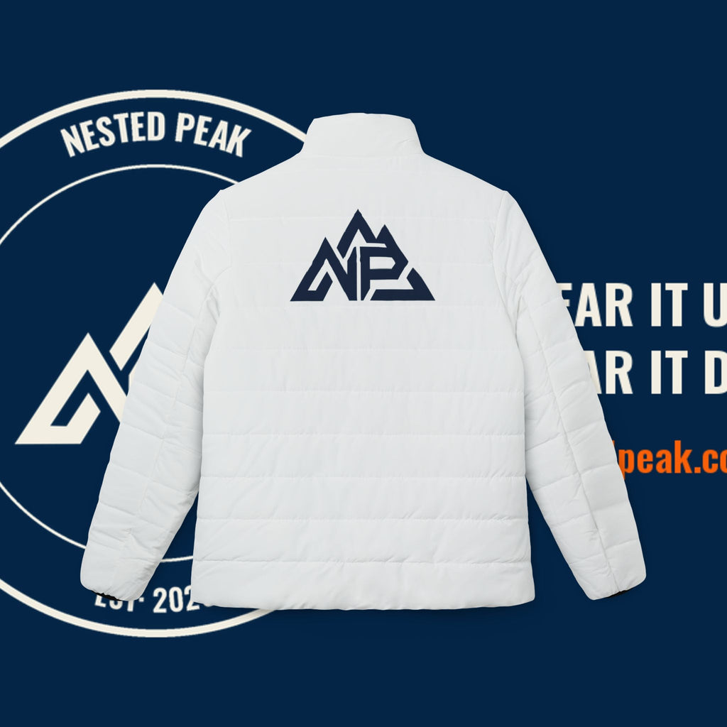 NP Women's Logo Puffer Jacket — All-Over-Print Lightweight Winter Coat - Nested Peak