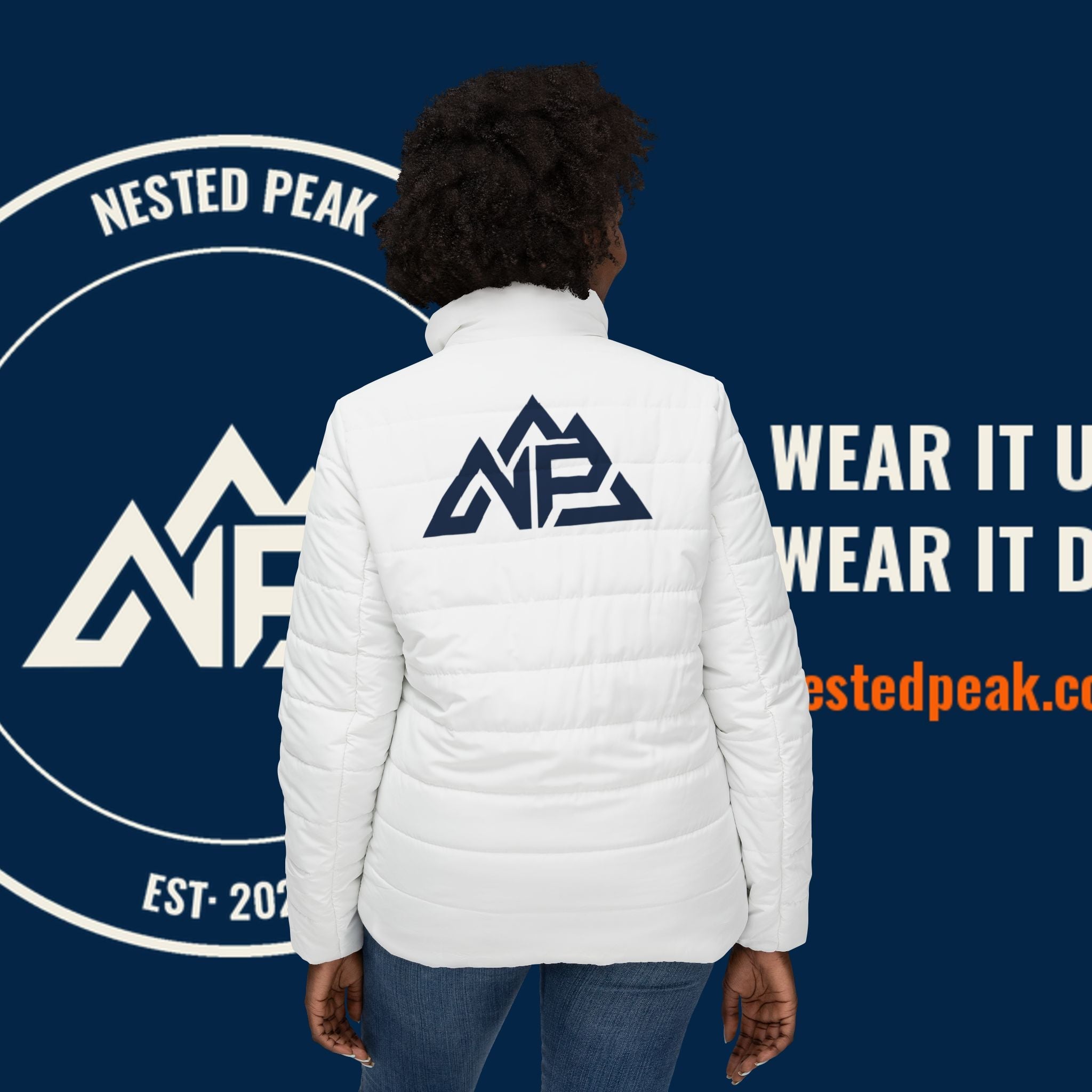 NP Women's Logo Puffer Jacket — All-Over-Print Lightweight Winter Coat - Nested Peak