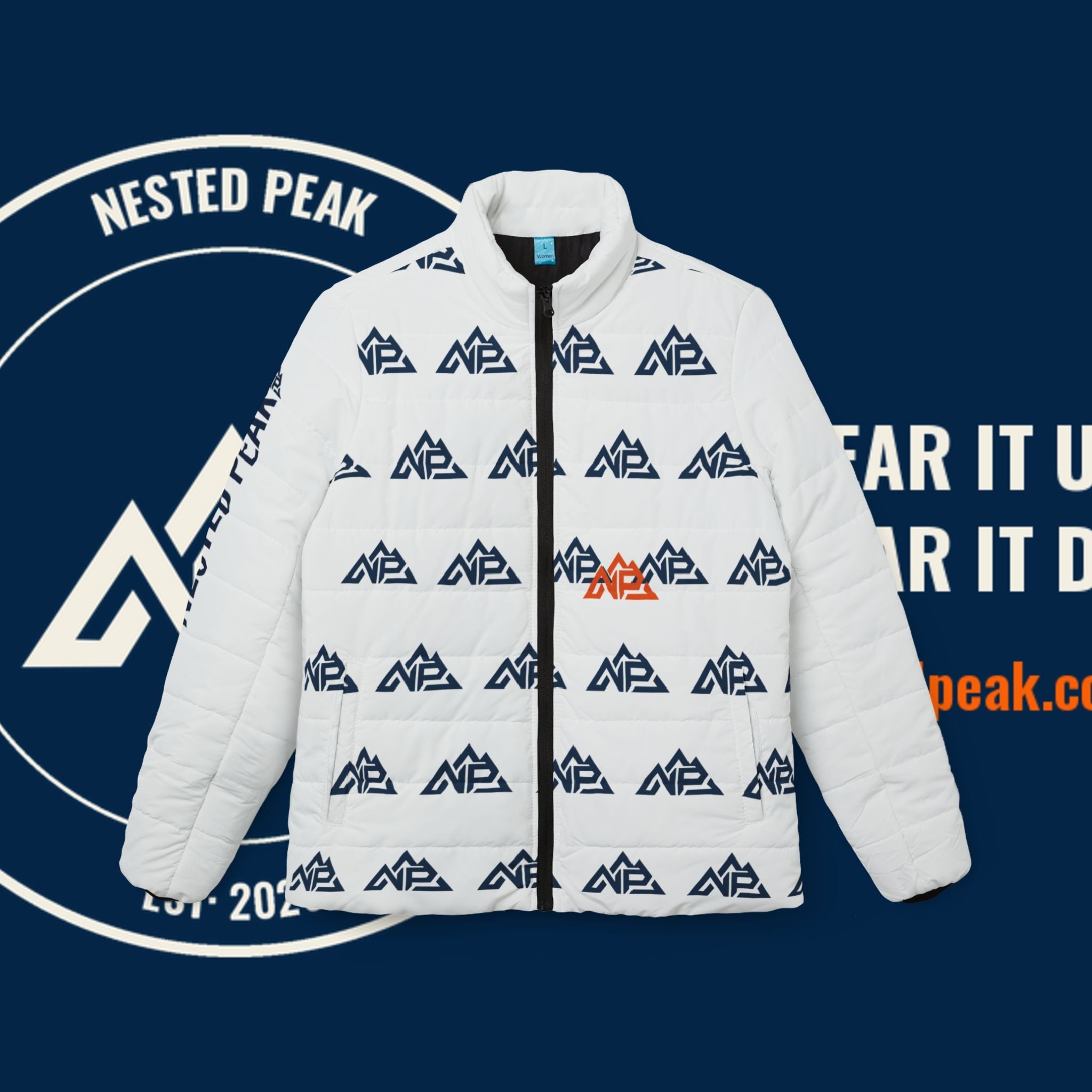 NP Women's Logo Puffer Jacket — All-Over-Print Lightweight Winter Coat - Nested Peak