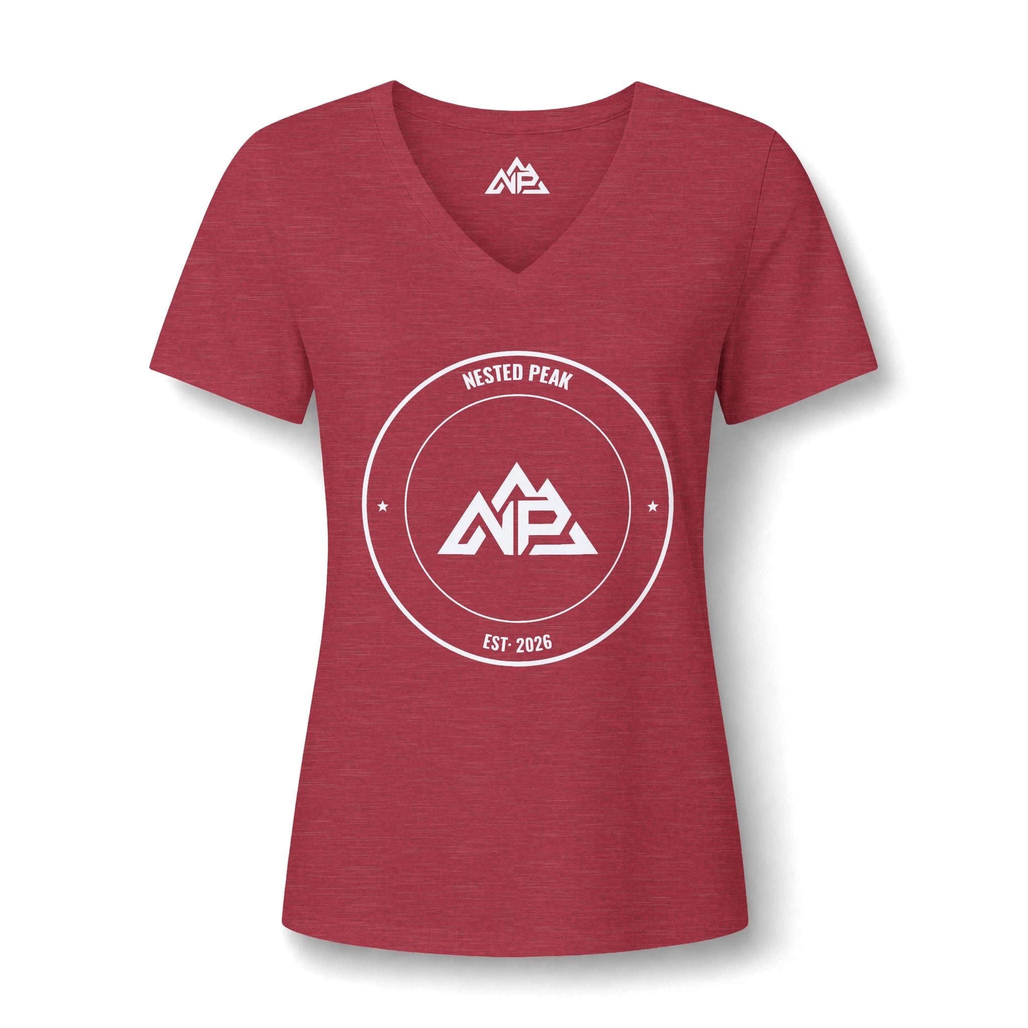 NP Women's V-Neck Tee — Mountain 'MNP' Badge | Dark Grey Heather, Heather Navy, Heather Red - Nested Peak
