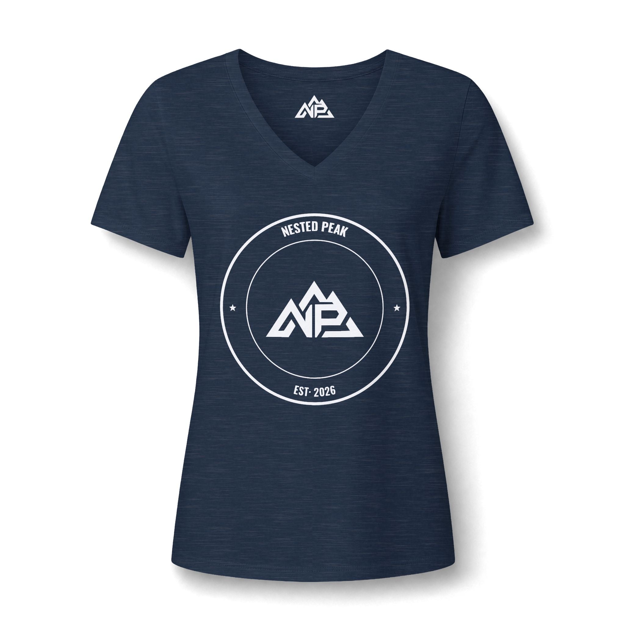 NP Women's V-Neck Tee — Mountain 'MNP' Badge | Dark Grey Heather, Heather Navy, Heather Red - Nested Peak