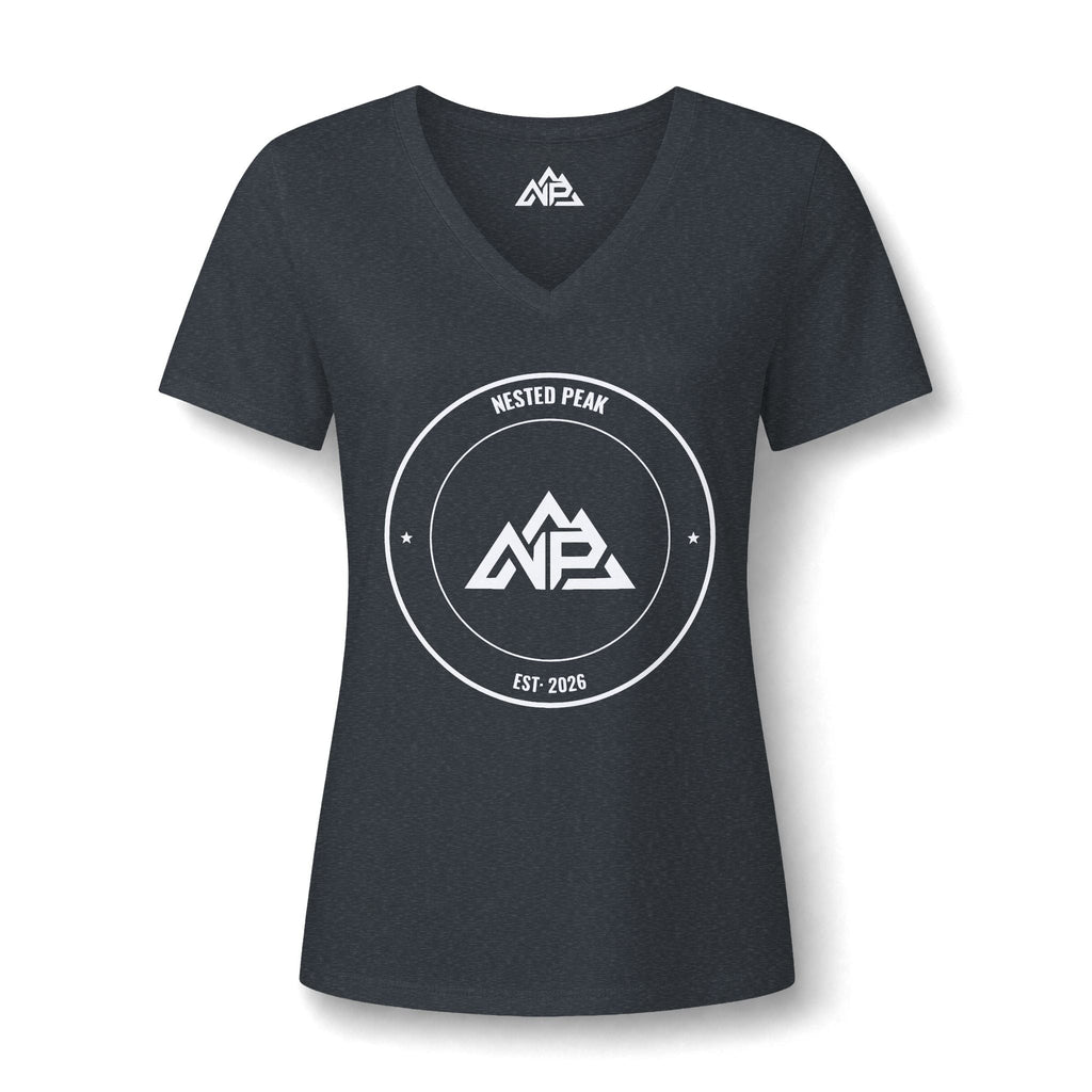 NP Women's V-Neck Tee — Mountain 'MNP' Badge | Dark Grey Heather, Heather Navy, Heather Red - Nested Peak