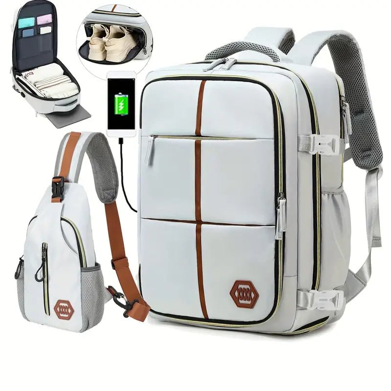 Travel Backpack with Airline-Approved Laptop Compartment and Shoes Compartment - Silver Gray and Chest Bag - Nested Peak LLC