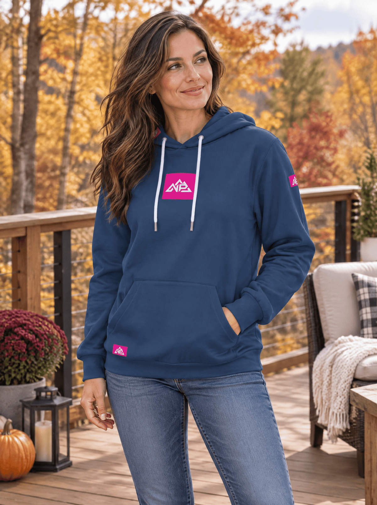 Women's Pink Badge Slim Pullover Hoodie | Navy - Nested Peak LLC